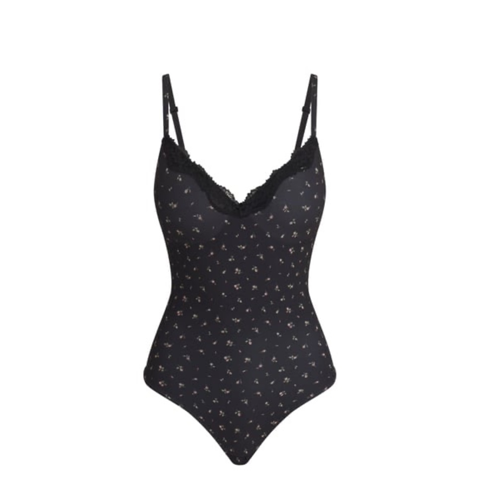 🖤SKIMS FITS EVERYBODY LACE PUSH UP THONG BODYSUIT ONYX ROSEBUD PRINT L - Picture 6 of 6